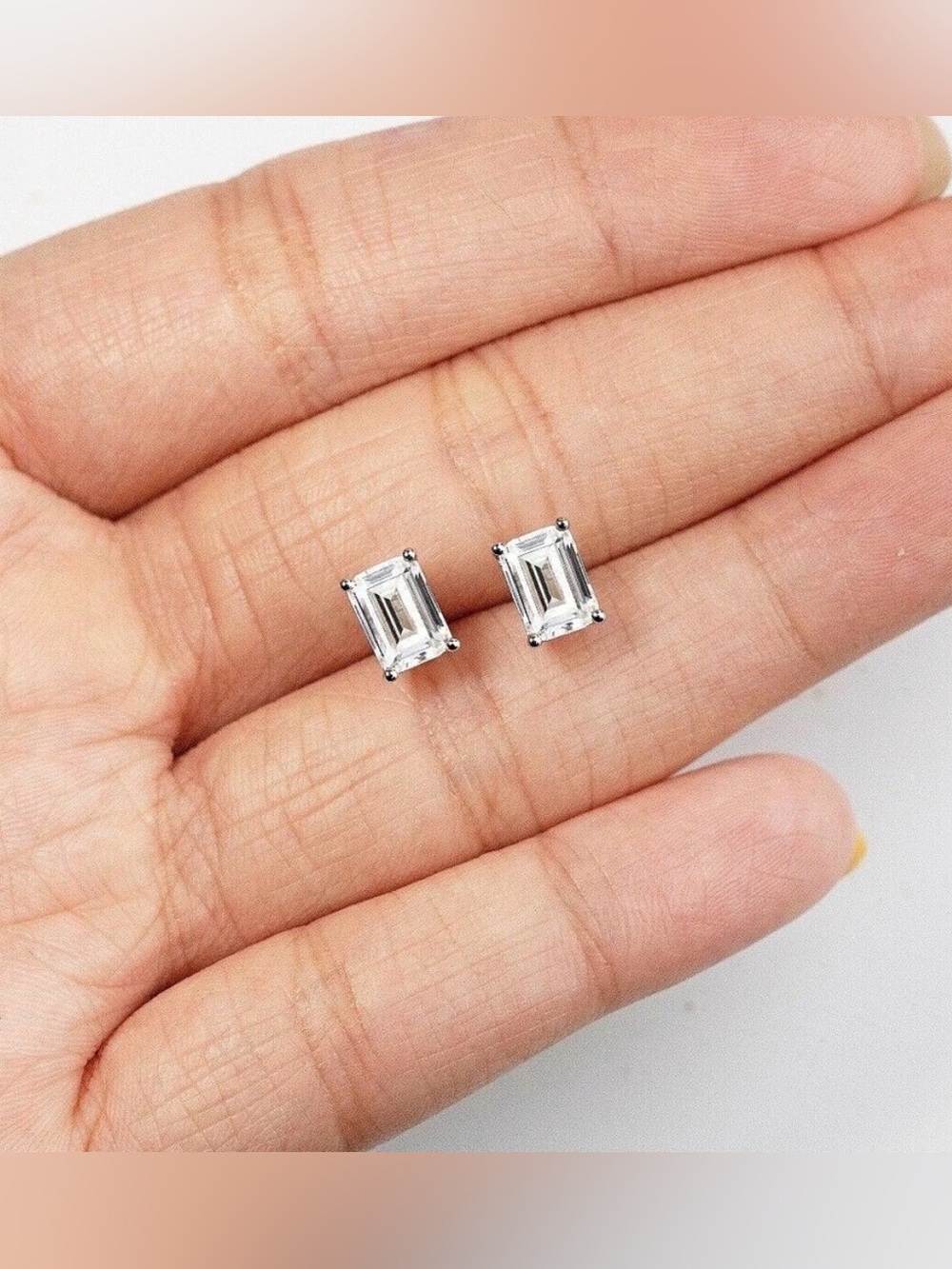 2 Ct Emerald Cut VVS1/D Lab Created Stud Earrings 14k White Gold 7mm Push Back